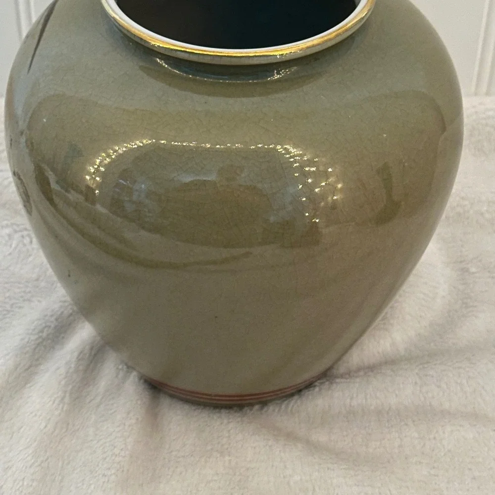 Satsuma Floral Bird Vase Home Decor 8 Green Excellent Crackle Glaze Peony Vntge